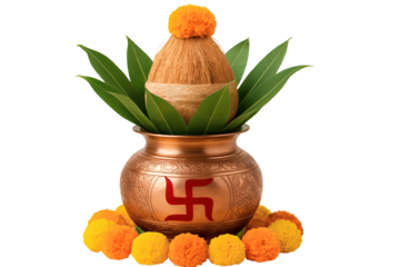 Vibrant Indian kalash isolated on transparent background: Exploring Colorful Textiles, Fresh Produce, and Traditional Crafts Amidst the Bustle of Local Vendors in a Busy Indian Bazaar