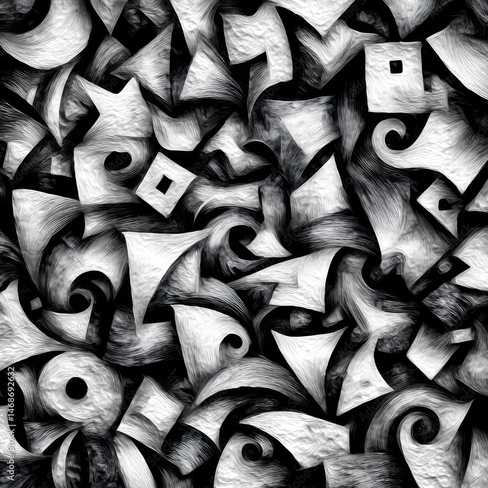 Aufkleber Dynamic Monochromatic Abstract Composition: A Complex Interplay of Geometric and Organic Forms with Textural Contrast.