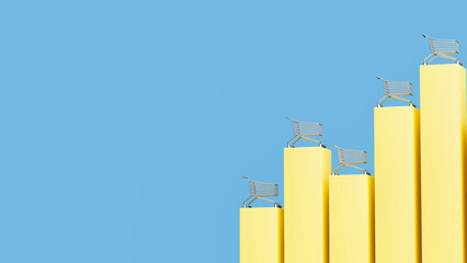A Series of Shopping Carts Positioned on Ascending Yellow Columns against a Blue Background