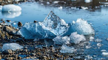 Melting glacier chunks in scenic nature landscape cold environment close-up view climate change concept