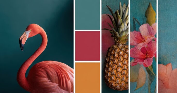 Vibrant flamingo, pineapple, and floral collage art.