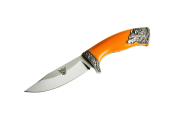 Orange handled knife with wolf carving