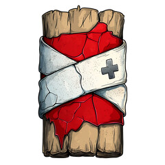 Bloody bandage wrapped around a weathered wooden log, set against a transparent background. The red stain suggests injury, with a white bandage