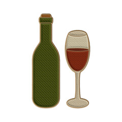 Embroidered green wine bottle with a filled glass. Classic red picnic drink in vintage stitched style. Perfect for summer picnic or celebration-themed designs