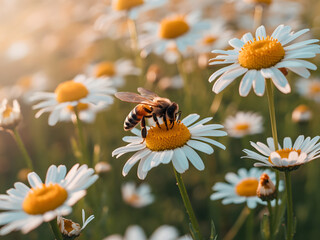 Honeybee Collecting Pollen on a Daisy in a Sunny Field