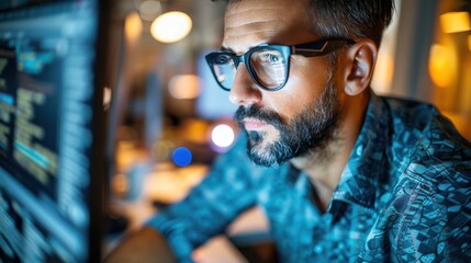 Caucasian male software developer wearing glasses concentrating on computer screen while writing code inside tech office environment illuminated by warm and cool lighting in evening