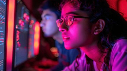 Teenage South Asian female coder intensely looking at monitor with programming codes in dimly lit room with neon lights showing dedication technology interest and problem-solving mindset