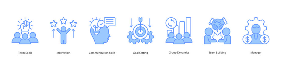 Team Motivation web banner icon sheet vector team spirit, motivation, communication skills, goal setting, group dynamics, team building, manager