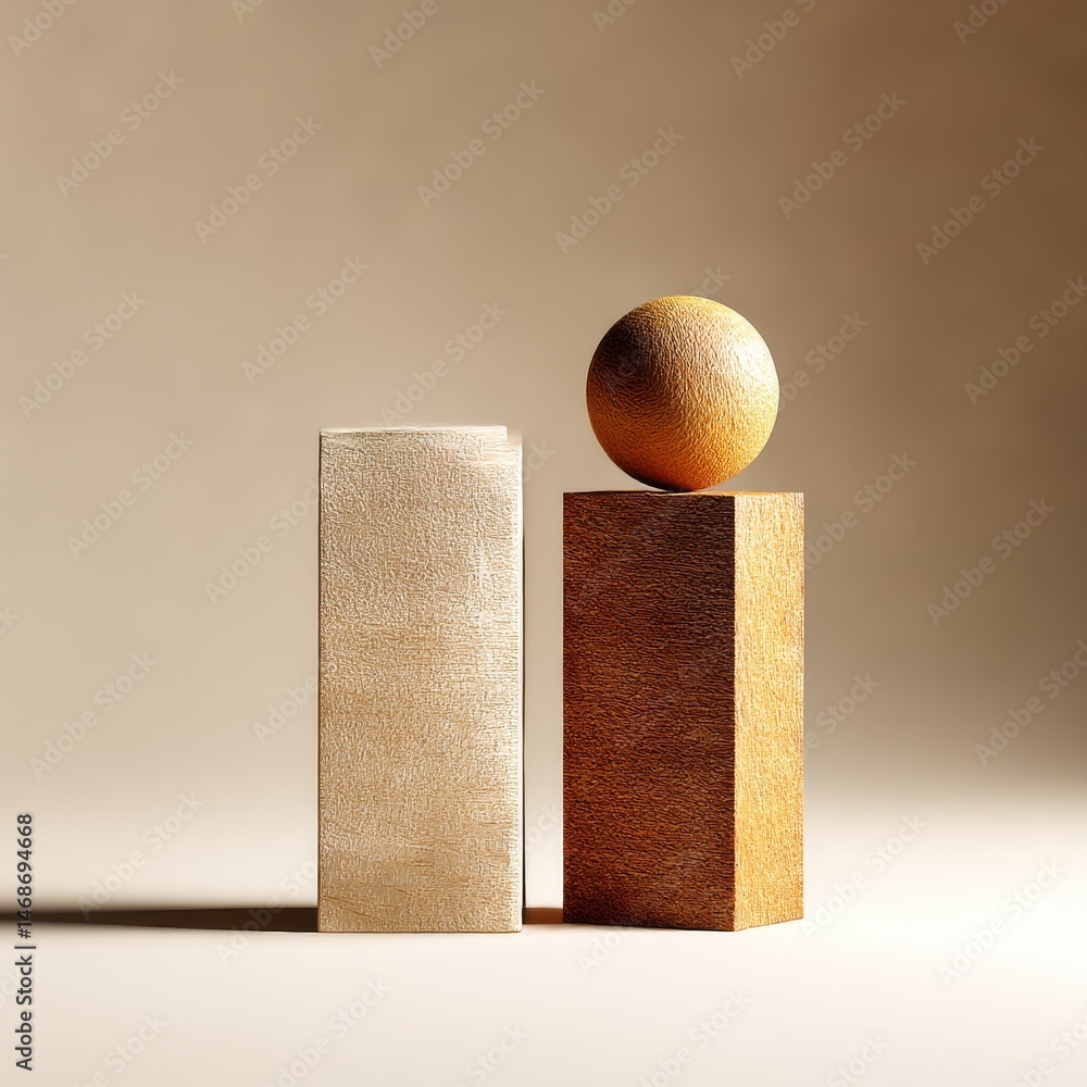 Fototapete minimalist composition with textured blocks and sphere in warm tones: a study in form and light
