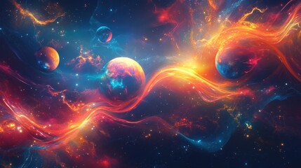 Cosmic artwork featuring planets and nebulae with vibrant colors and starfields, creating a celestial space scene with swirling clouds of light and energy.