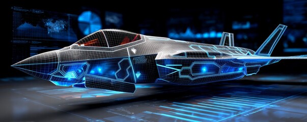 Wireframe Hologram of F-35 Fighter Jet with Blue Digital Lines