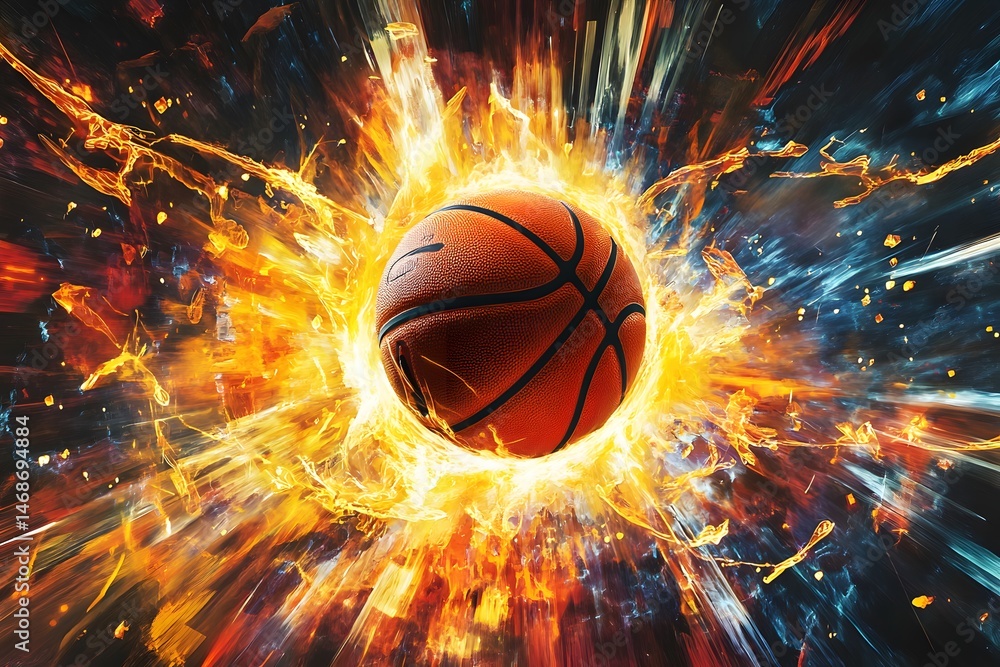 Poster dynamic basketball exploding in fiery abstract burst of energy and motion