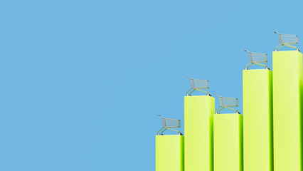 Green vertical bars with miniature shopping carts perched on their summits, set against a serene blue backdrop, indicating upward - trending consumer activity