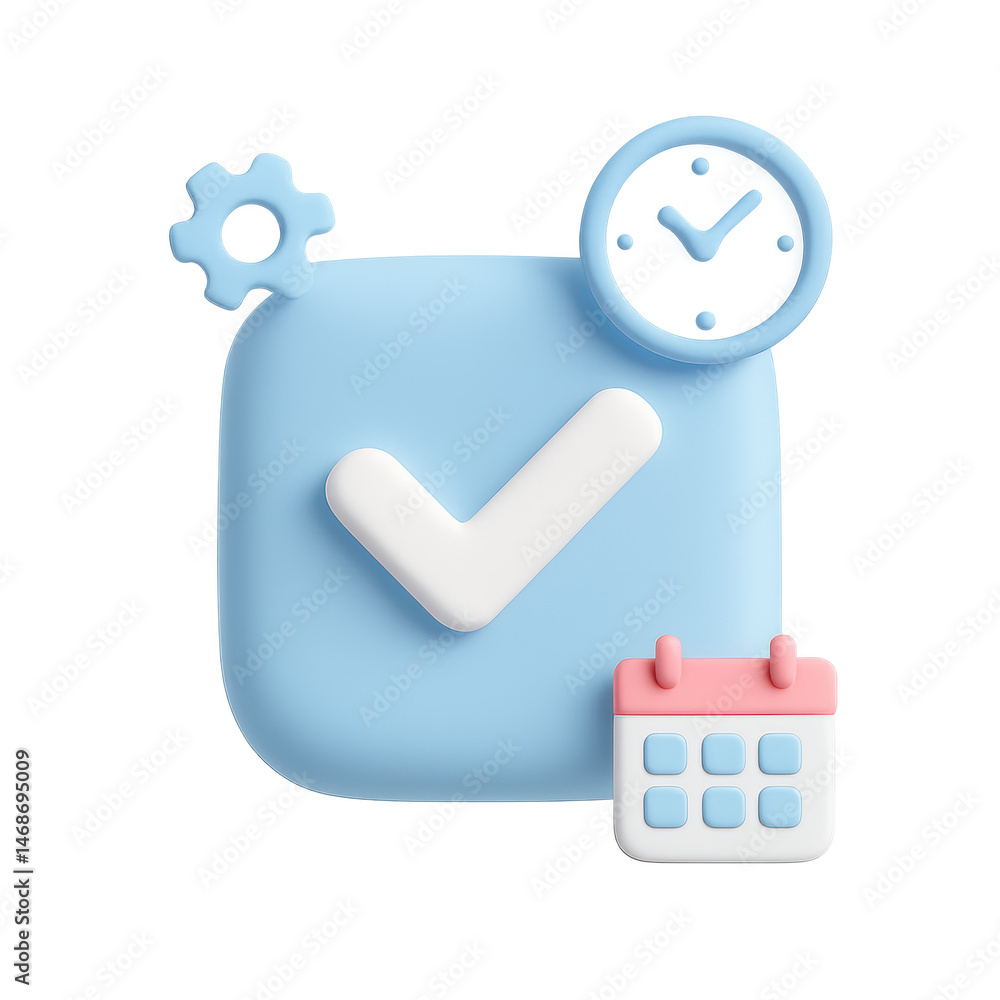 Poster efficient task management: a 3d rendered illustration of a check mark, calendar, and clock, all indi