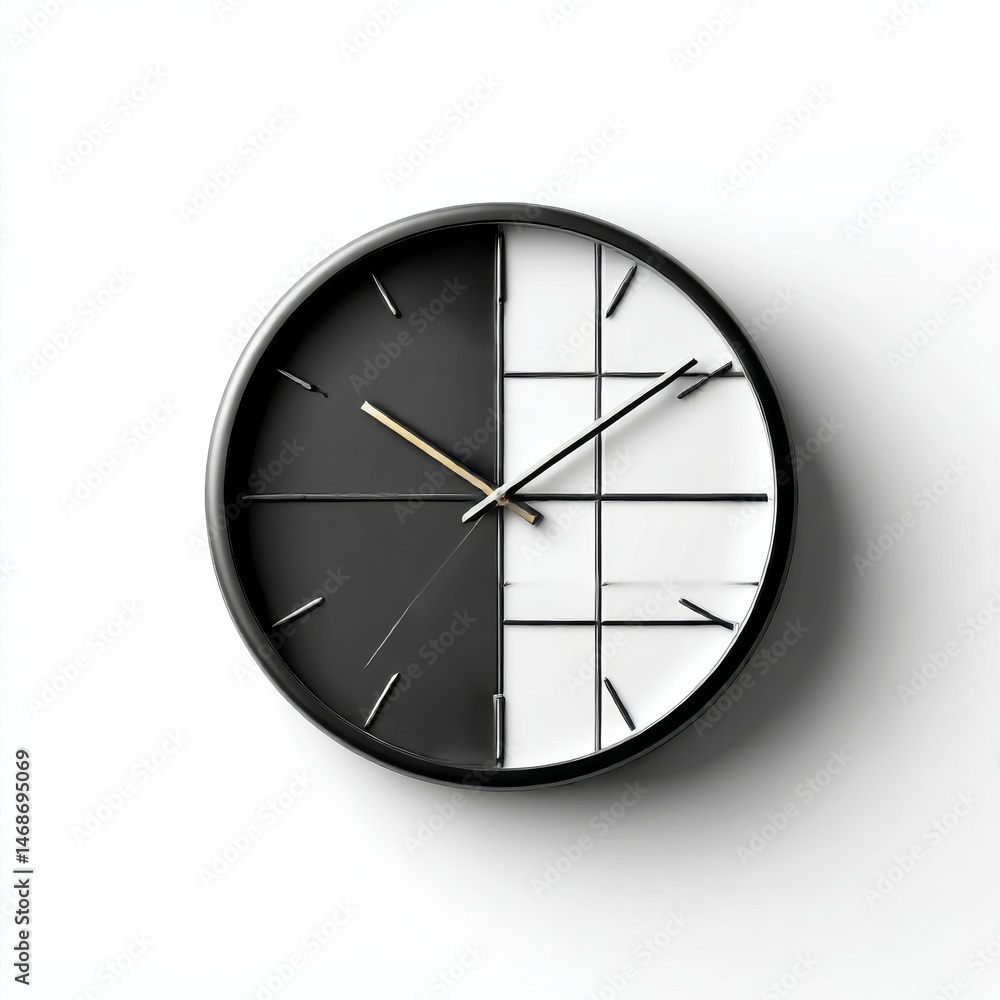 Poster Modern Clock with Black and White Dial Displaying the Current Time, Minimalist Design on a Clean White Background