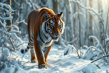 Obraz premium Tiger winter snow walk images, photos, illustration, horizontal