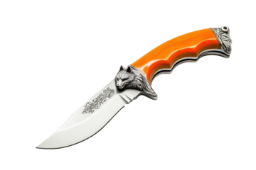 Orange-handled knife with wolf carving