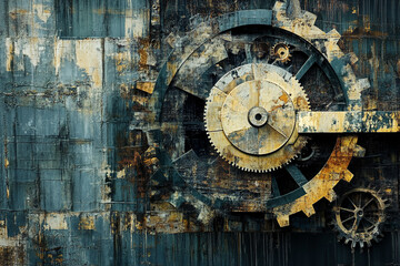 Obraz premium Rusty Gears Abstract Industrial Art Dark Teal Gold,