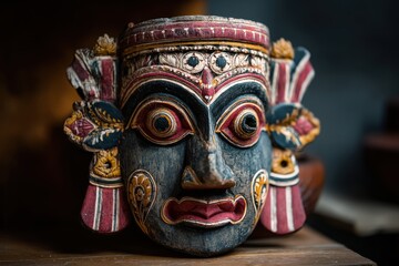Naklejka premium Intricately carved ceremonial wooden mask with vibrant colors.