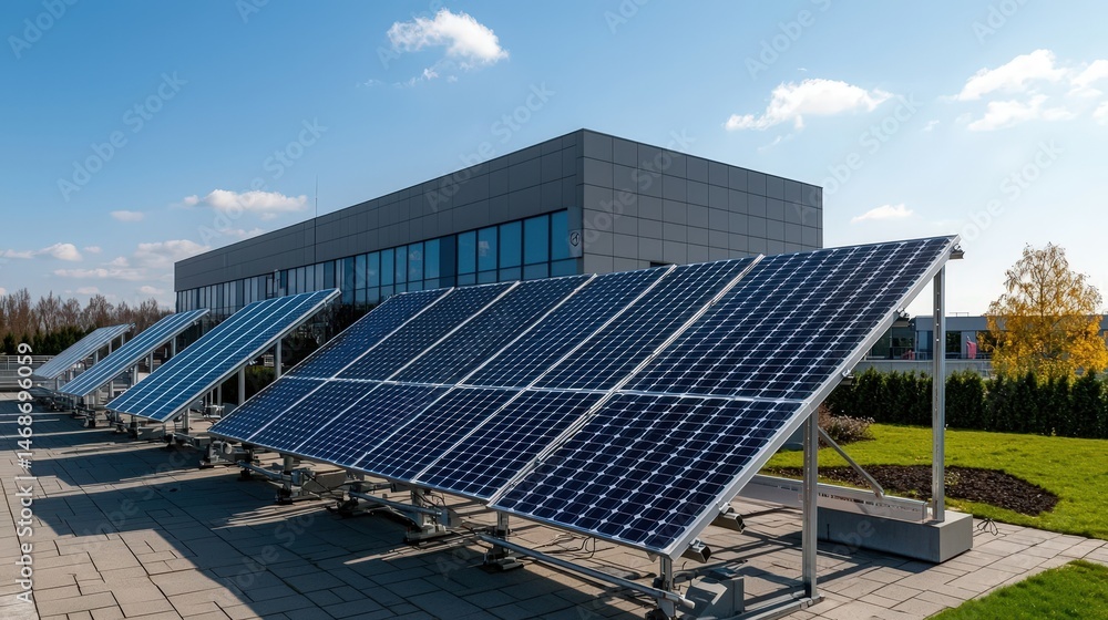 Aufkleber solar panel array installation at modern building rooftop urban environment clear sky view for susta