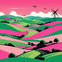 Fotobehang Serene Countryside Scene with Windmill Silhouette © Gilang
