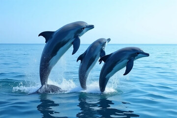 Fototapeta premium Three Dolphins Leaping Gracefully Over Ocean Waves