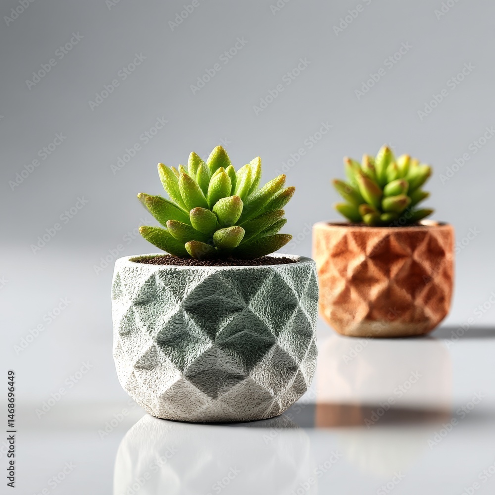 Aufkleber two succulents in geometric pots: a study in texture and light on a minimalist background