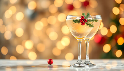 Glasses of cocktails with Christmas decoration on bokeh lights background , with white tonespng