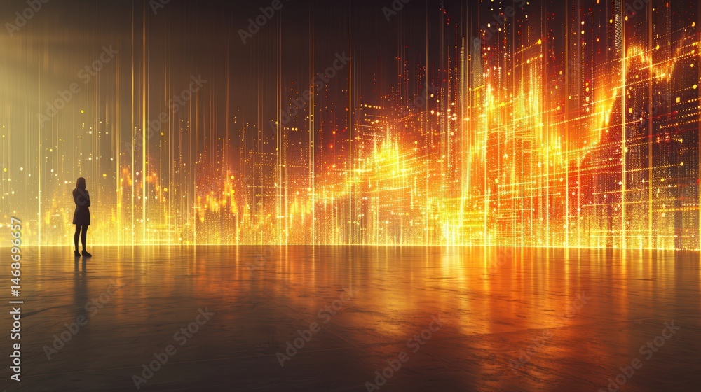 Poster female silhouette standing alone in large digital environment with glowing golden graph visualizatio