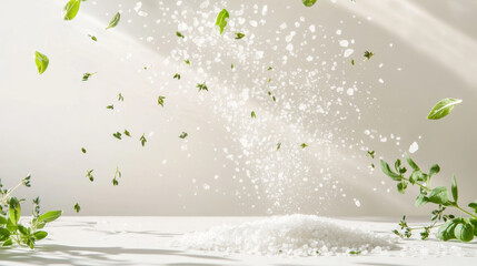 Crushed salt flakes in air with aromatic herbs on white table with natural light creating calm and fresh visual effect in minimalistic setting