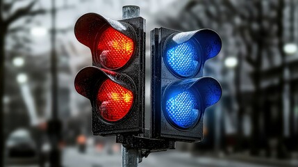 Close-up of traffic light control system at urban intersection rainy environment and traffic management focus