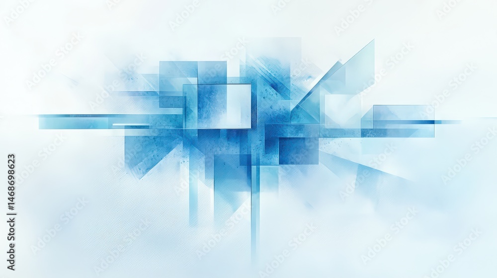 Aufkleber crisp minimal rectangles in muted blue tones arranged in an abstract cubist structure, subtle light 