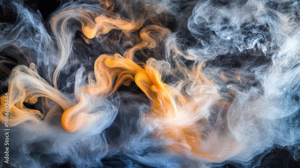 Poster abstract orange and white smoke swirling in dark space, creating dynamic and ethereal pattern with s