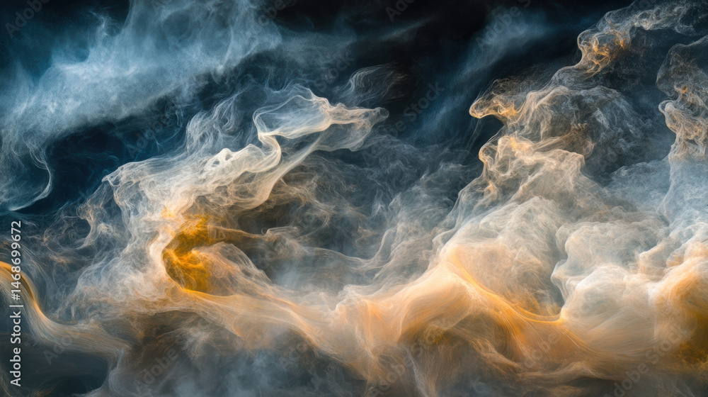 Poster abstract experimental photography of swirling smoke in dark space with orange and white mist blendin