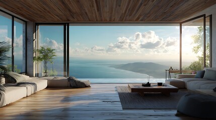Fototapeta premium Relaxing interior view of a modern living room overlooking a tranquil ocean landscape in daylight