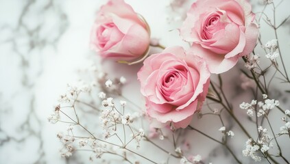 Obraz premium Delicate pink roses and baby's breath on marble (2)