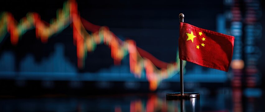 Chinese flag with stock market graph in background.
