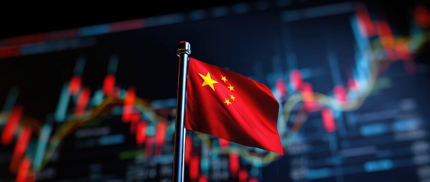 Chinese flag with financial stock chart background.