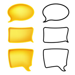 Creative set of 3D yellow and outlined black speech bubbles in various shapes, perfect for comic design, chat interfaces, communication apps, and social media visuals. digital storytelling, messaging