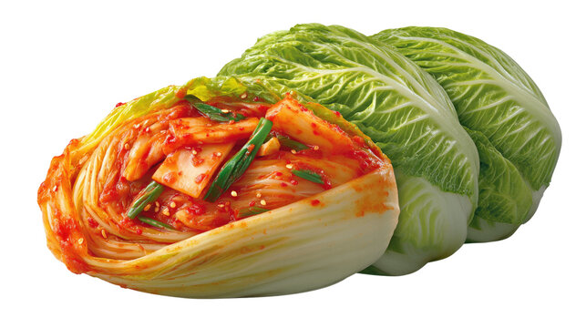 Kimchi Delight: A culinary still life features a close-up of vibrant kimchi alongside fresh, crisp napa cabbage, a visual feast celebrating the essence of flavorful cuisine.