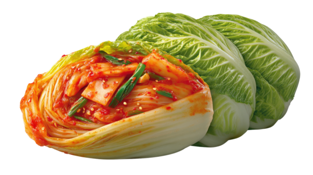 Kimchi Delight: A culinary still life features a close-up of vibrant kimchi alongside fresh, crisp napa cabbage, a visual feast celebrating the essence of flavorful cuisine.