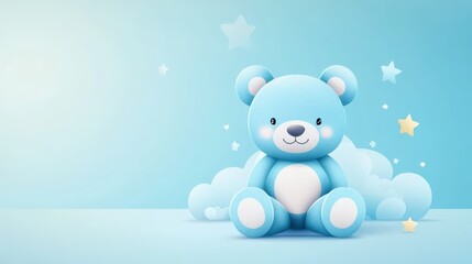 Cute flat vector illustration of a toy bear in minimal Smoky Blue tone cubism style, sitting on a soft gradient background