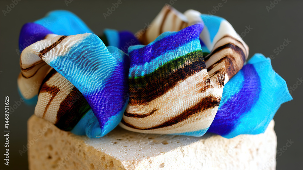 Poster natural indigo dyed textile draped over stone cube with soft spotlight creating artisan editorial fe