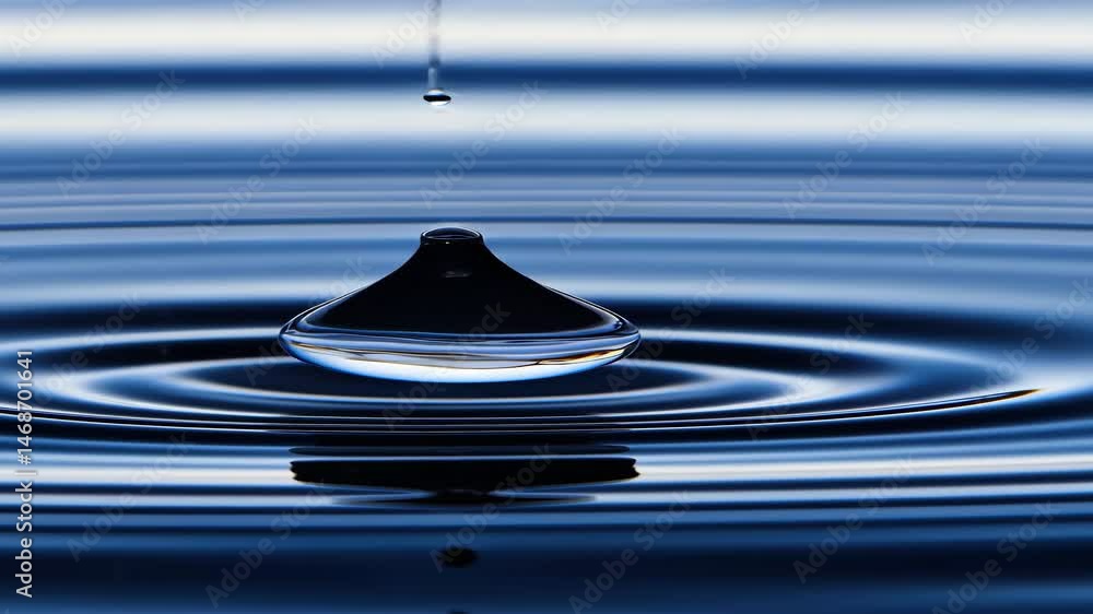 Poster water drop impacting rippled surface water creating abstract pattern reflective light blue backdrop 