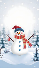 Fototapeta premium Cute snowman in a cap and scarf in winter snow scene background, celebration concept , with white tonespng