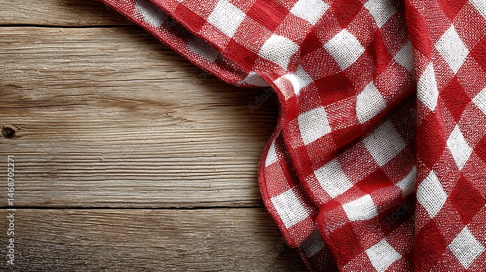 Poster red and white checkered tablecloth on wooden background with copy space