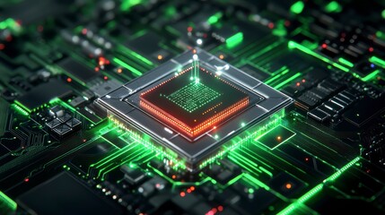 Fototapeta premium Laser beam welding of an electronic chip on the circuit board, close-up, macro photography, shallow depth of field