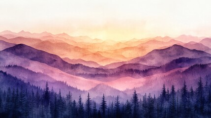 Fototapeta premium Misty sunrise mountain range watercolor landscape