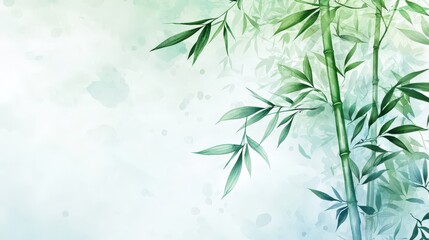 Naklejka premium Delicate bamboo stalks rise from a misty watercolor wash, while leaves float freely in the negative space, creating a soft, serene environment