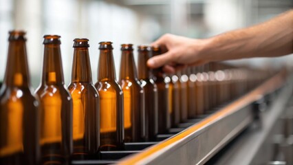 Assembly line of beer bottles being handled, showcasing production in a brewery setting.